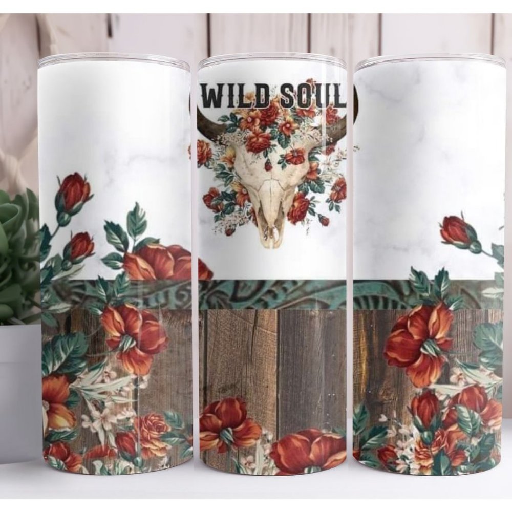 20 oz Skinny Tumbler Wild Soul Bull Skull Custom Insulated Drinkware with Straw